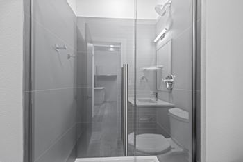 A bathroom with a toilet, sink, and shower.